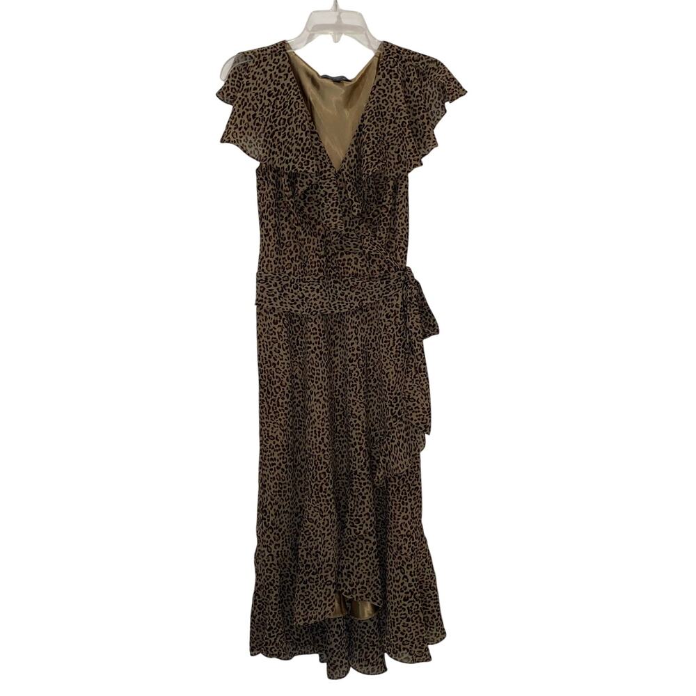 Liz Claiborne Cheetah Print Short Sleeve Dress, 6, Ruffle Accents, Maxi Length